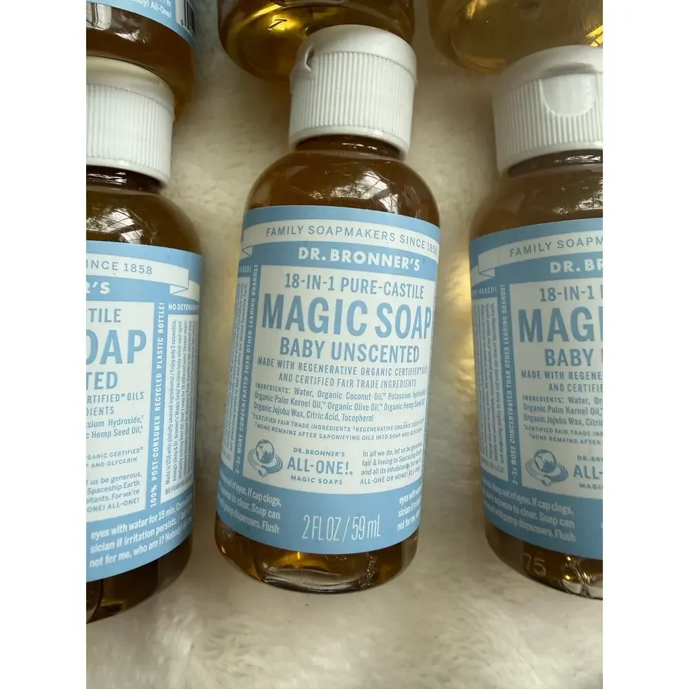 Lot of 6 Dr. Bronner’s Baby Unscented Pure-Castile Magic Soap 2 oz Travel Size
